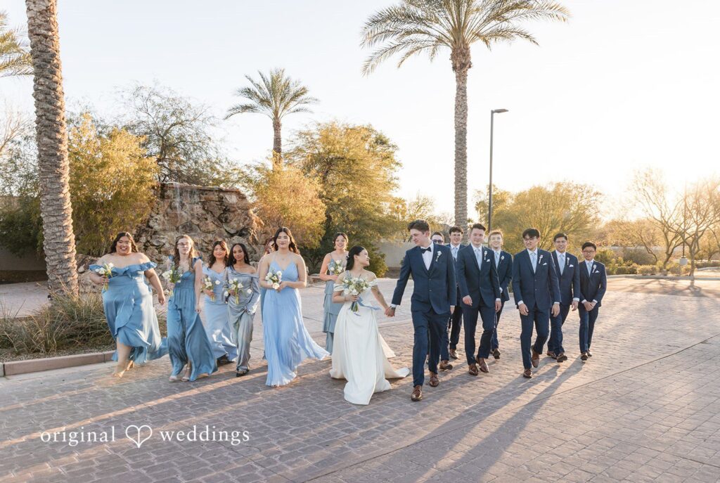 Christina + Zachery Phoenix wedding photographers by Original Weddings capturing couple group photo with bridesmaids and groomsmen at Colby Falls
