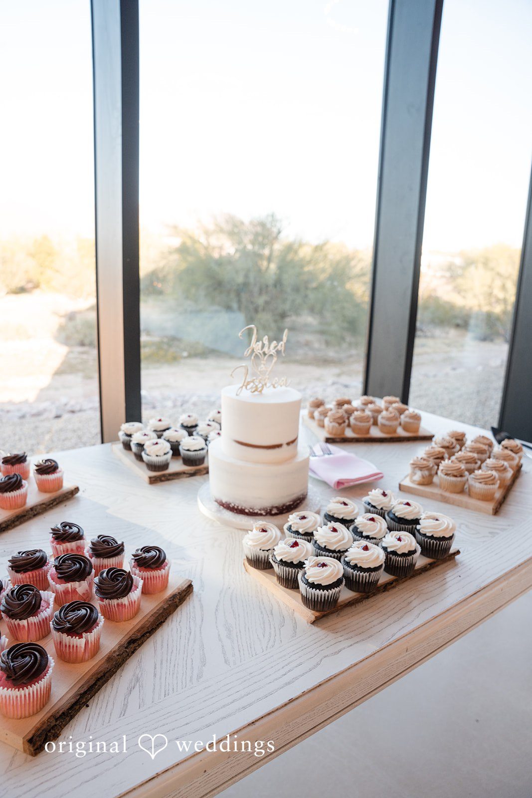 Jared + Jessica Shot of wedding desserts at Desert View Weddings & Events