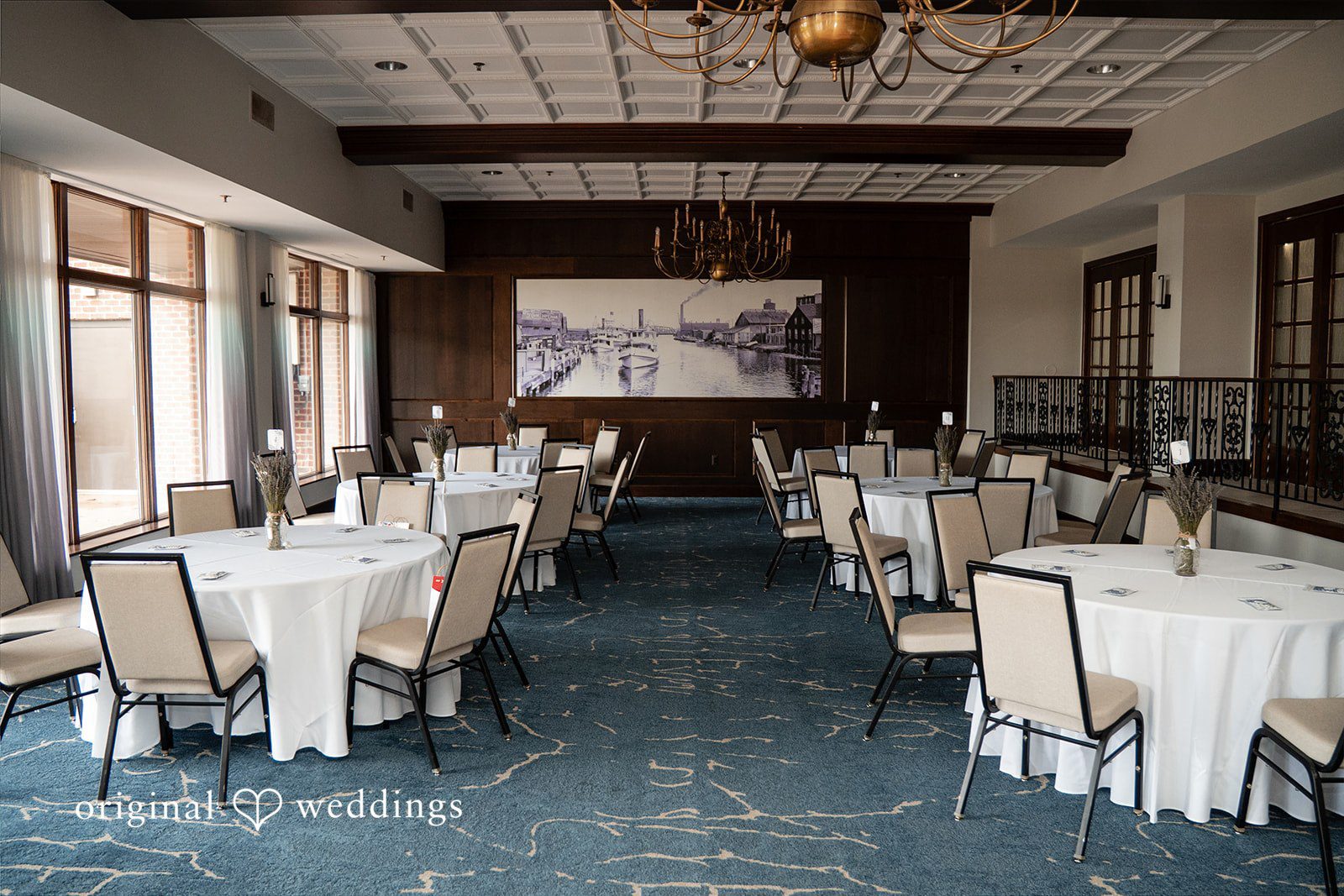 Katelyn + Bradley Reception hall setup with round guest tables at DoubleTree by Hilton Port Huron.