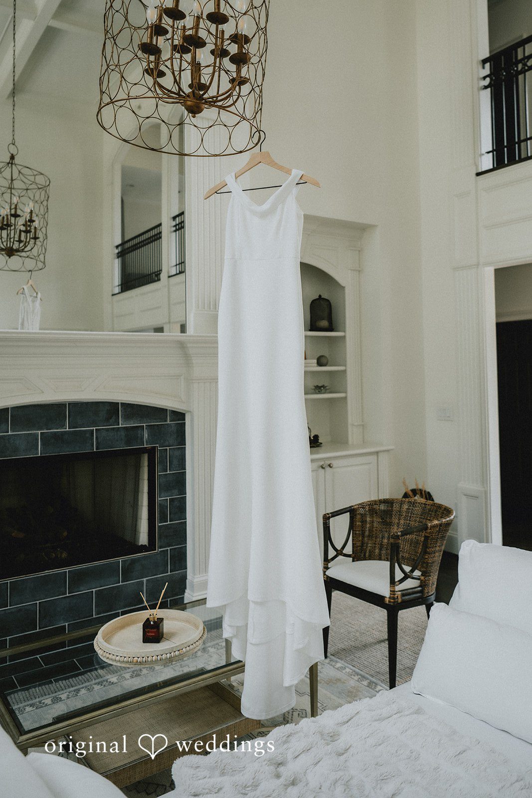 Sunny + Erika Wedding dress hanging before the ceremony begins