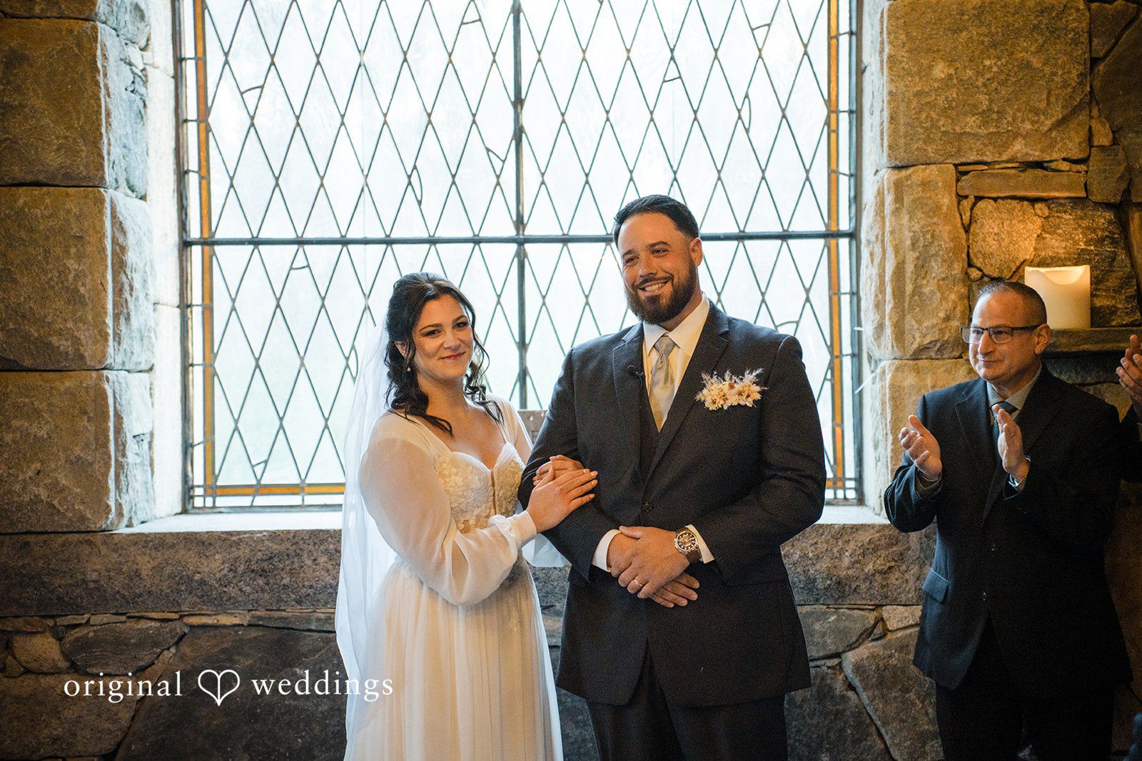 Carolyn + Robert Newlywed couple standing together at Falls Creek Farm.