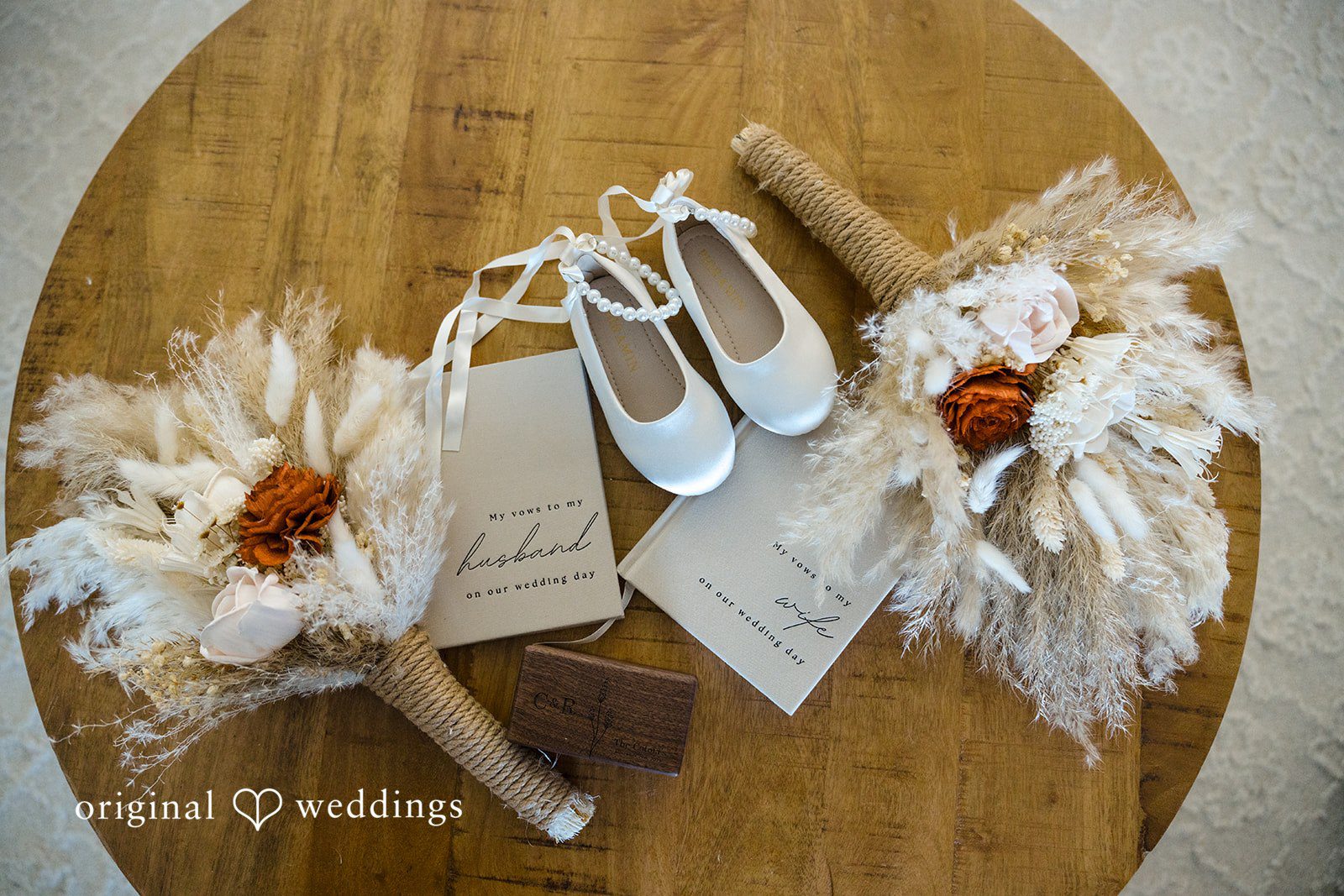 Carolyn + Robert Wedding details featuring shoes, stationery, and floral accessories.