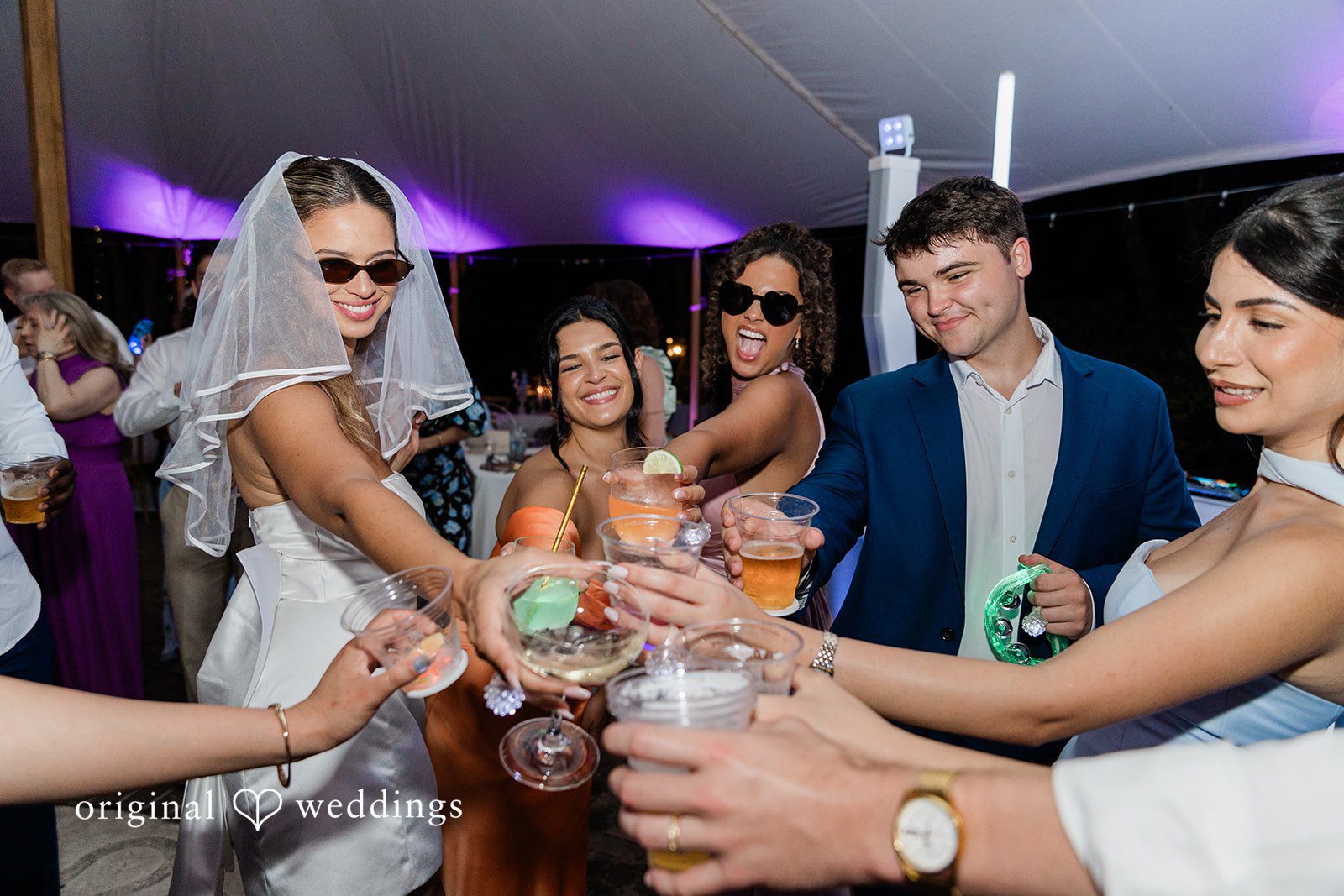 The couple shares a toast with their wedding party