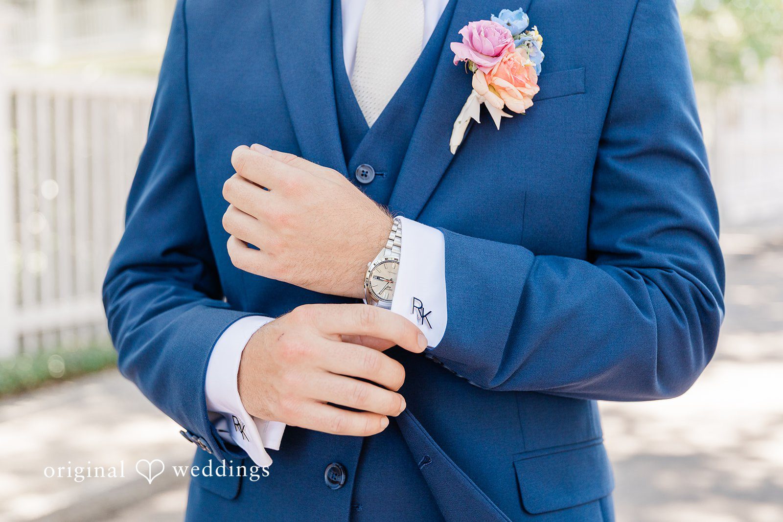 A close-up shot of the groom