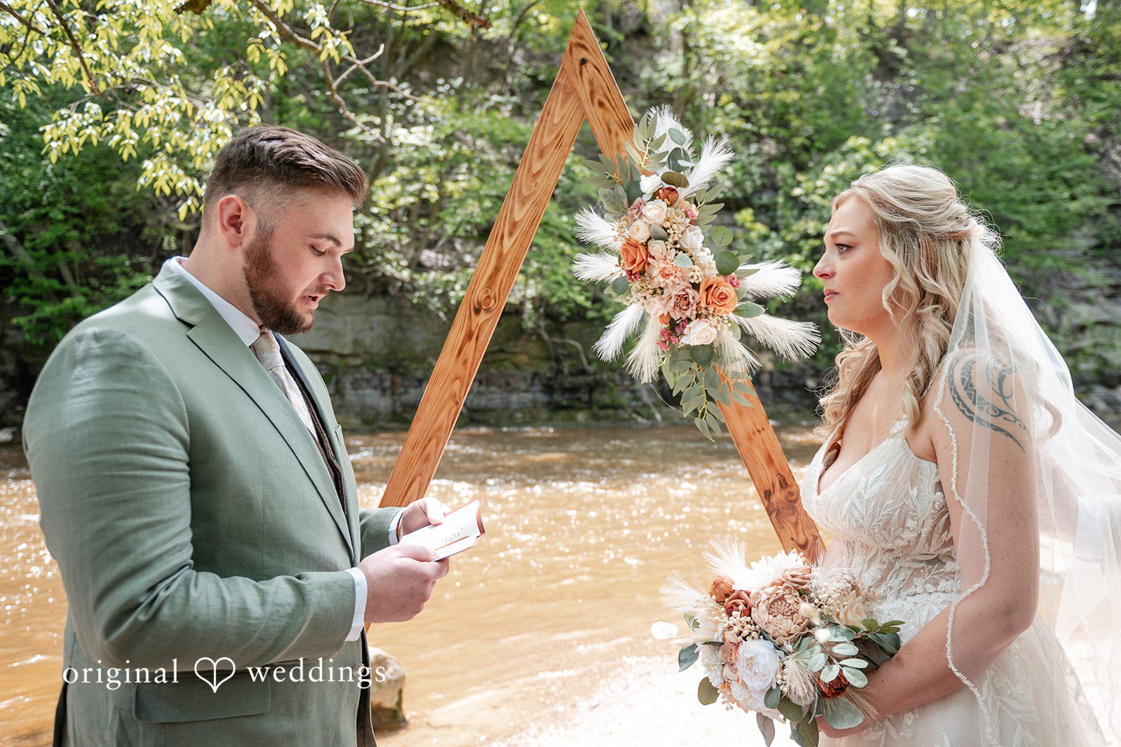 Sara + Austin Groom reading vows to the bride during ceremony