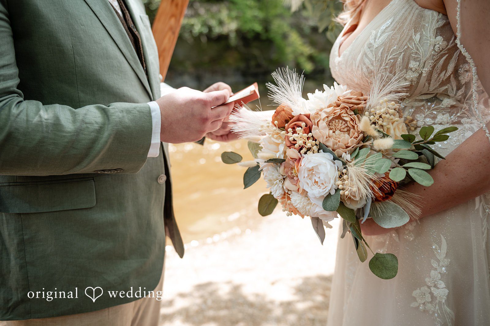 Sara + Austin Groom reading vows to the bride at Great Falls of Tinkers Creek wedding