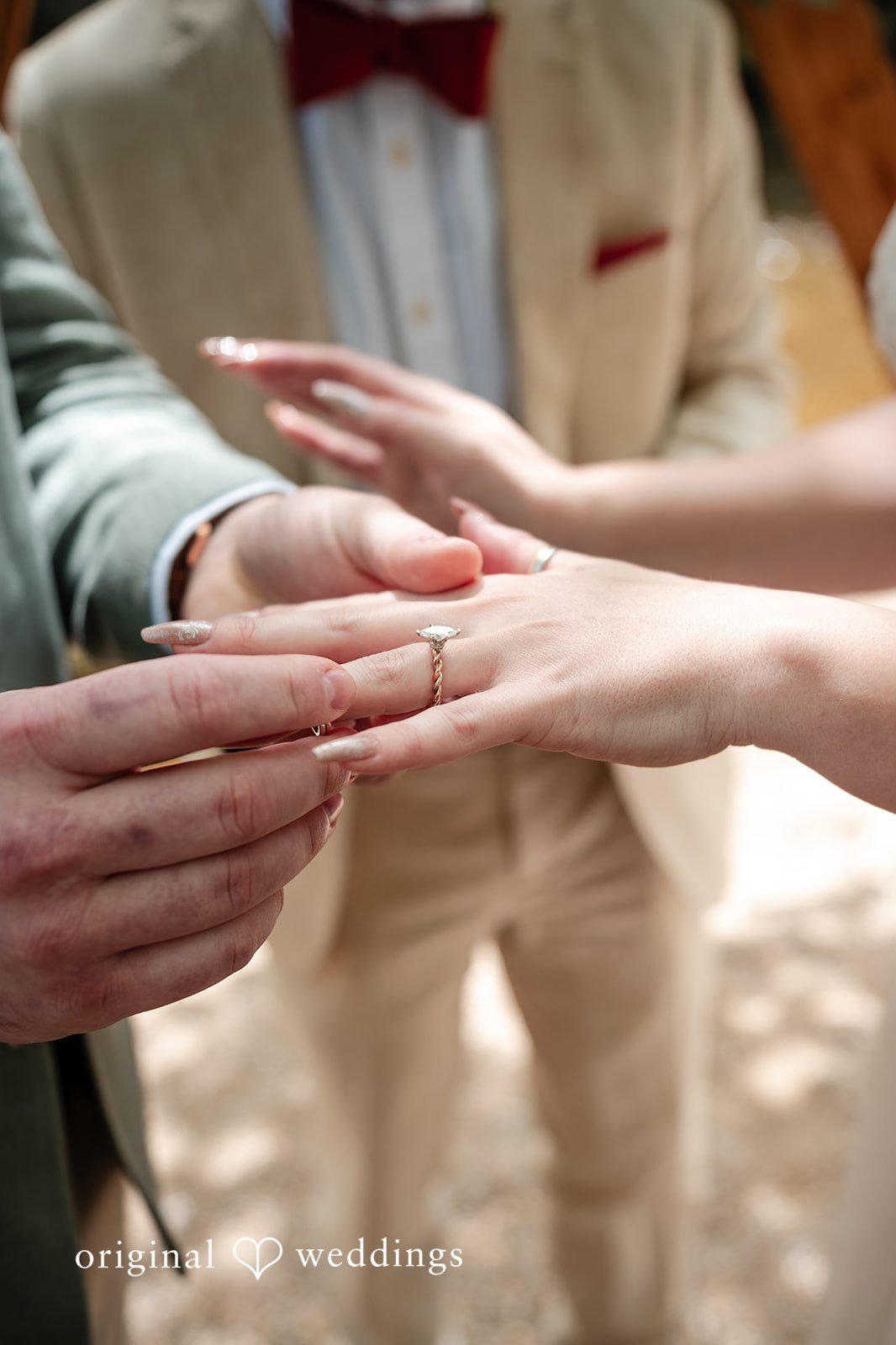 Sara + Austin Lovely picture of couple exchanging wedding rings.
