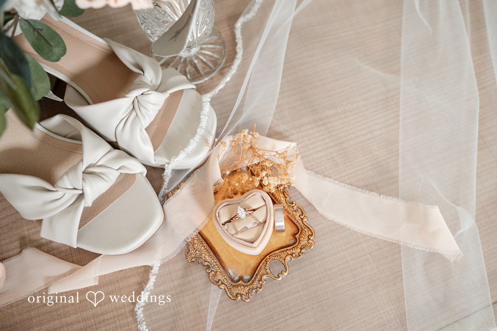 Sara + Austin Beautiful shot of bridal shoes and accessories at Great Falls of Tinkers Creek