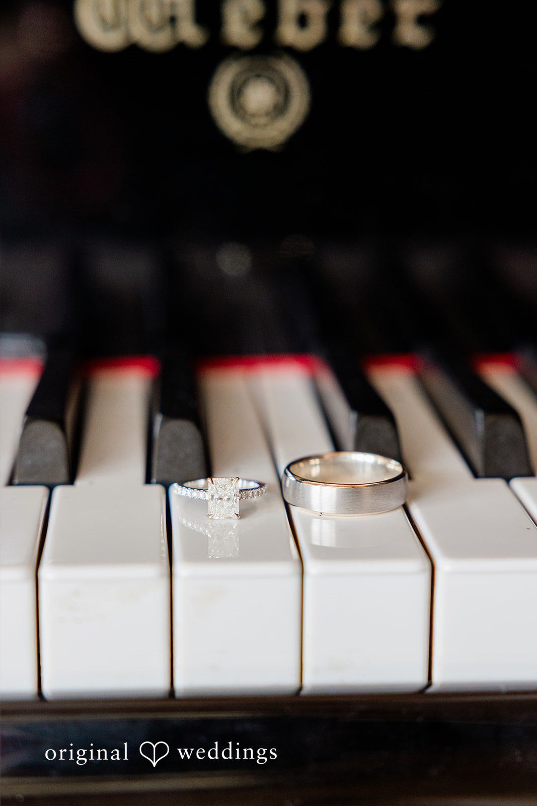 Anna + Blake A beautiful shot of wedding rings placed on piano