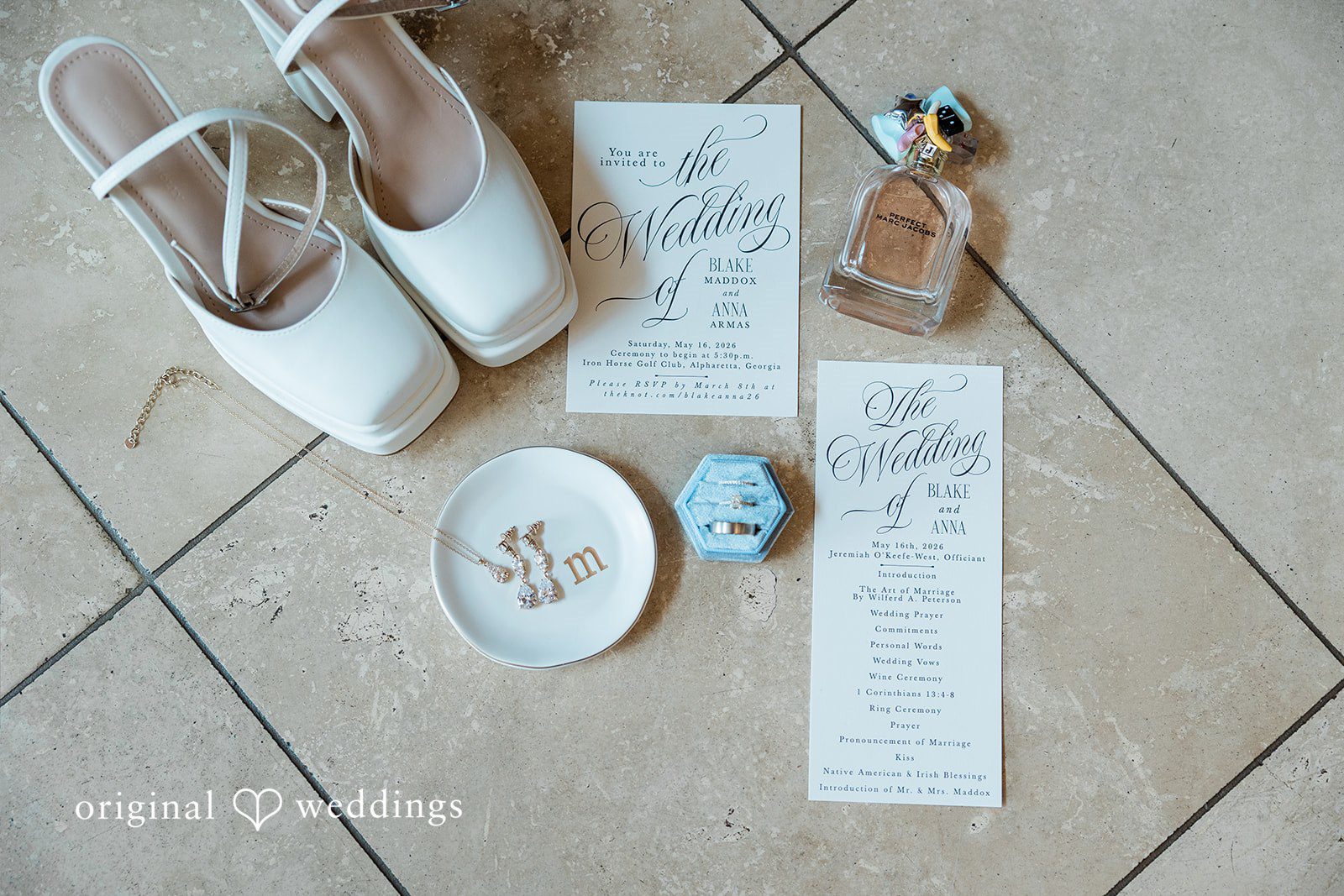 Anna + Blake Detailed shot of bridal shoes and wedding accessories.