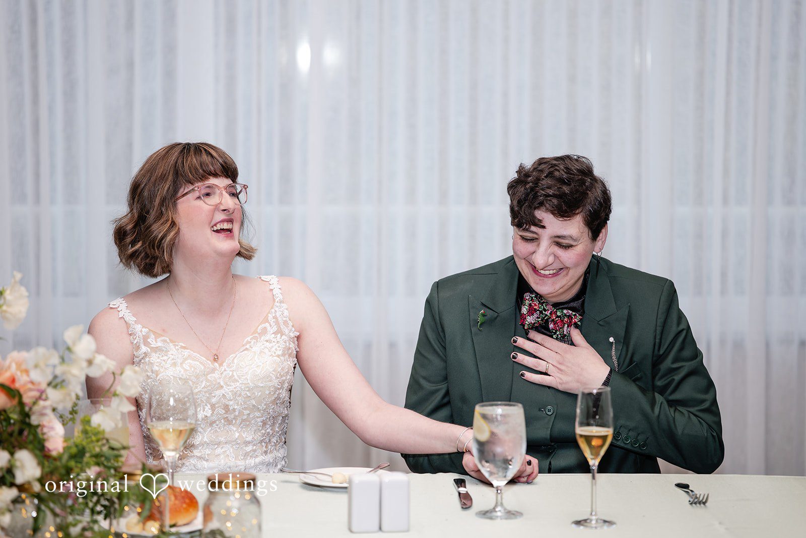 Sarah + Abby The couple laughs hard, shows deep emotions in their wedding party