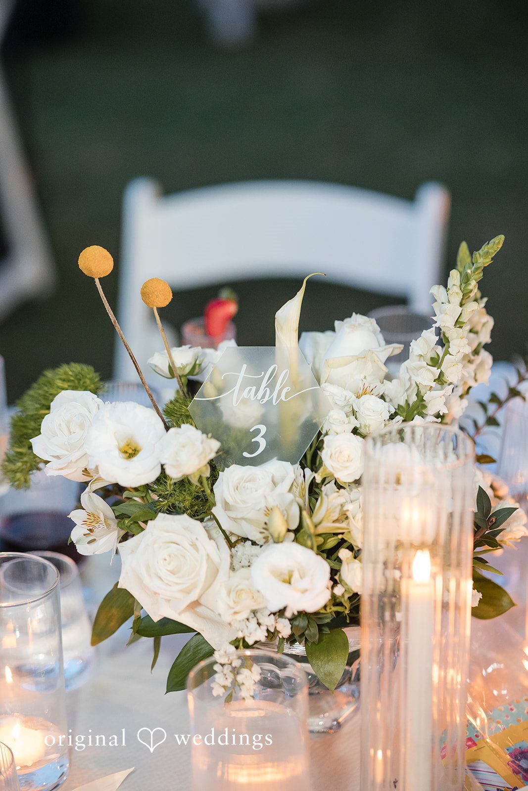 Wide shot of the reception tables and decor