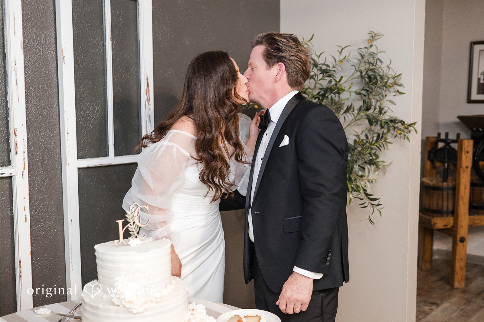 Bride and groom cutting their wedding cake together