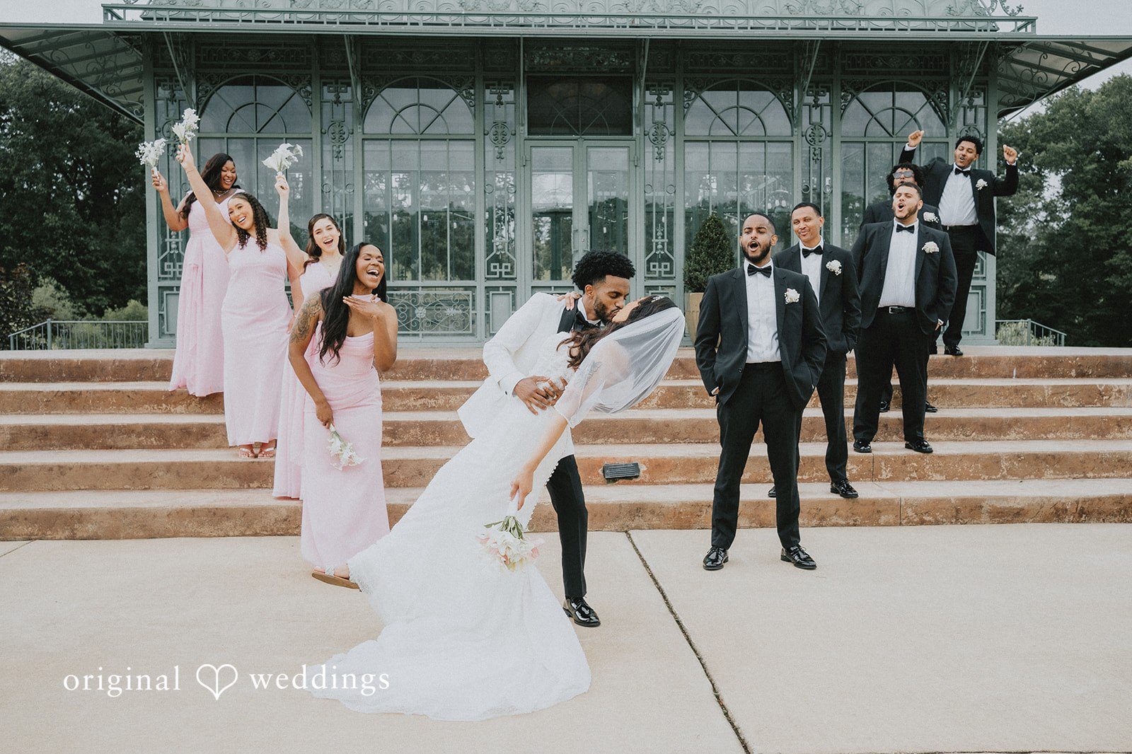 Our DC wedding photographers at Original Weddings captured a romantic portrait of the couple with cheers from their bridal party at Morais Vineyard & Winery