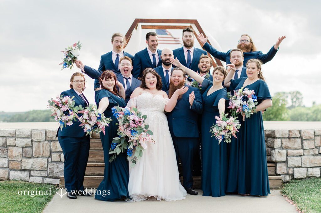 Our Kansas City wedding photographers at Original Weddings captured a fun portrait of the couple and their bridal party at Mozingo