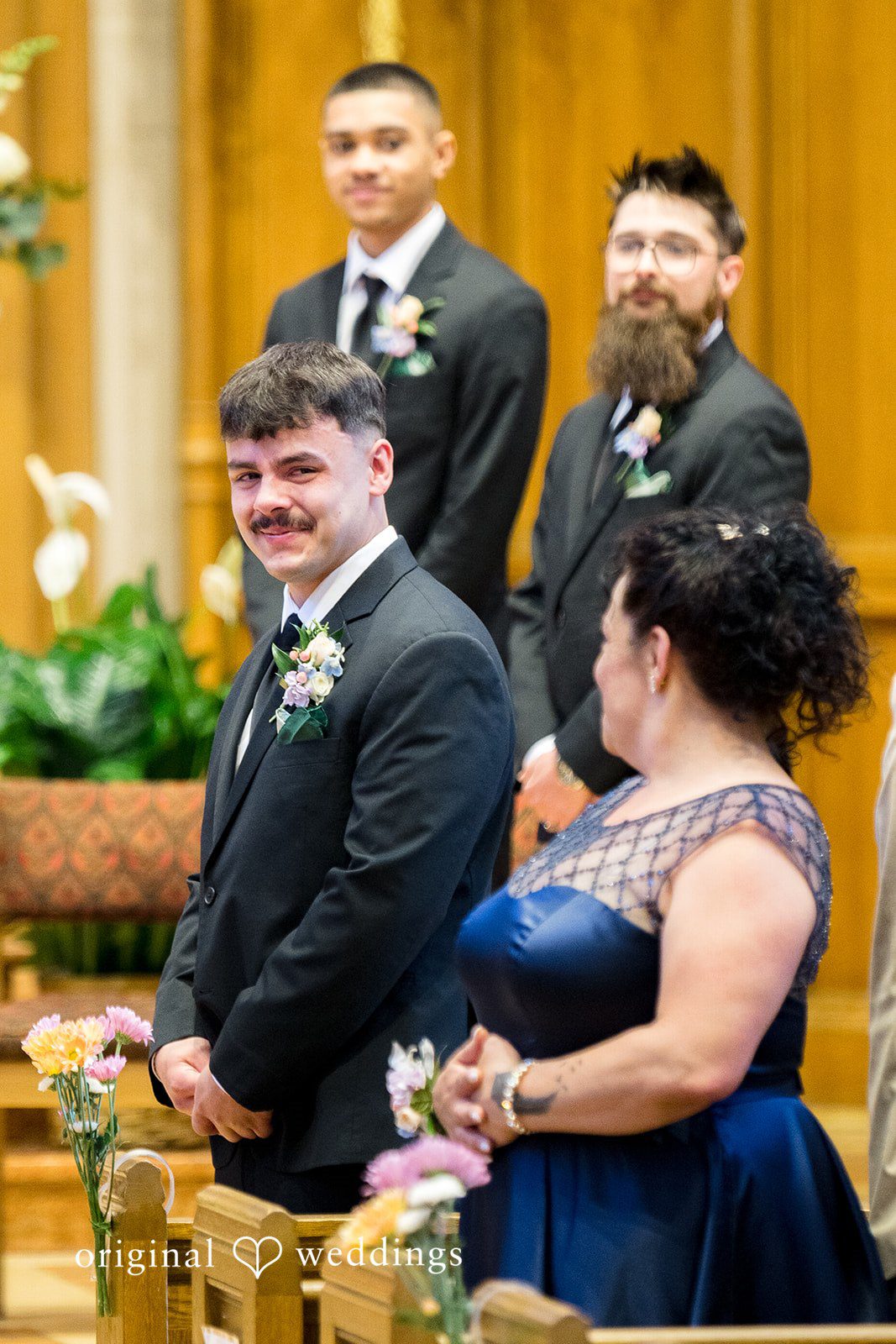 Kiarra + Anthony Romantic groom watching bride entrance at Nativity of Our Lord Catholic Church