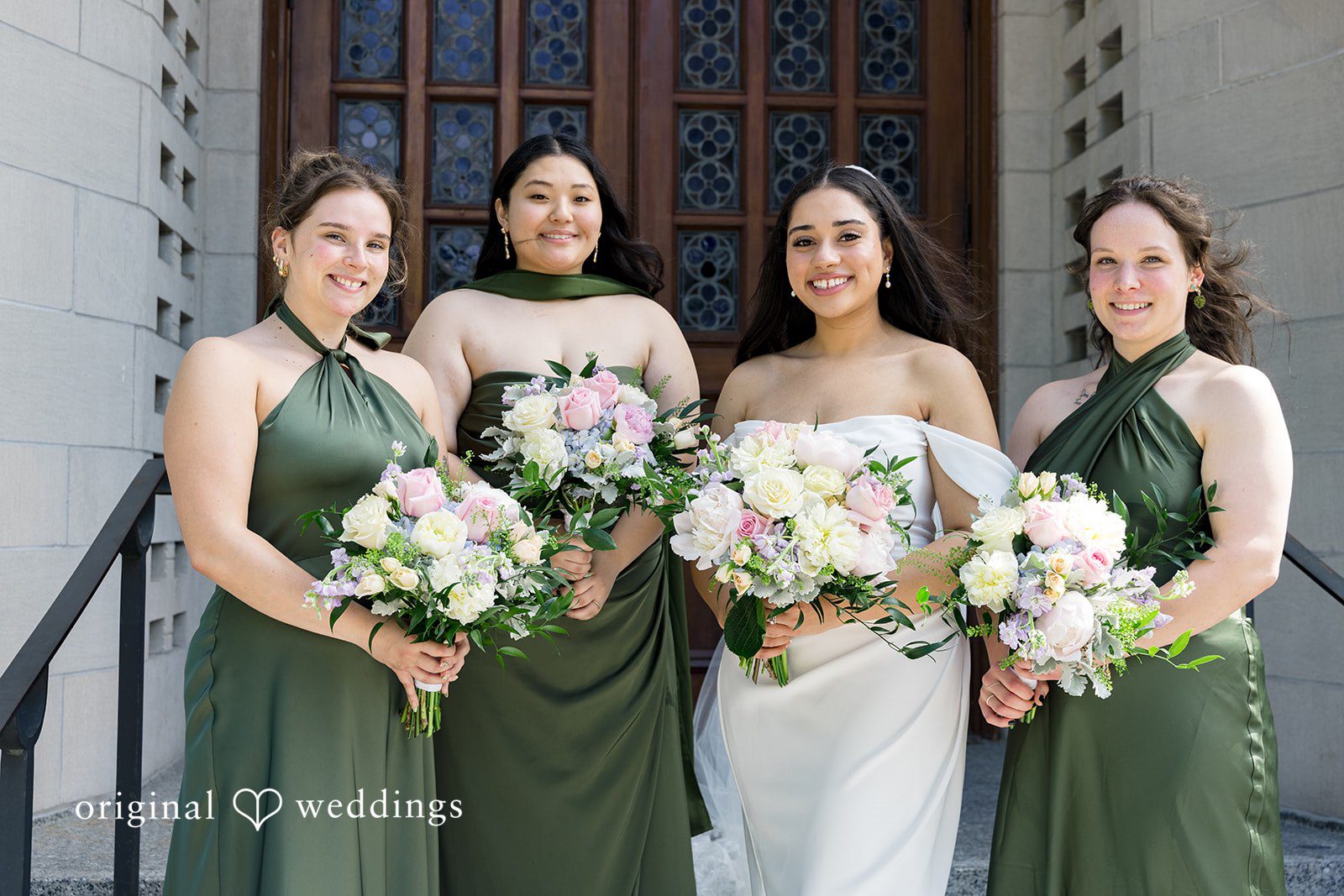 Kiarra + Anthony Romantic bride with bridesmaids group photo at Nativity of Our Lord Catholic Church