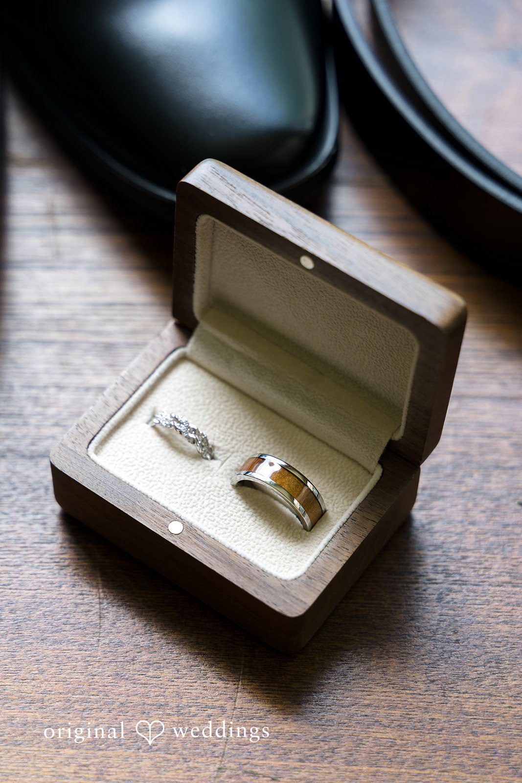 Kiarra + Anthony Elegant wedding rings detail shot at Nativity of Our Lord Catholic Church
