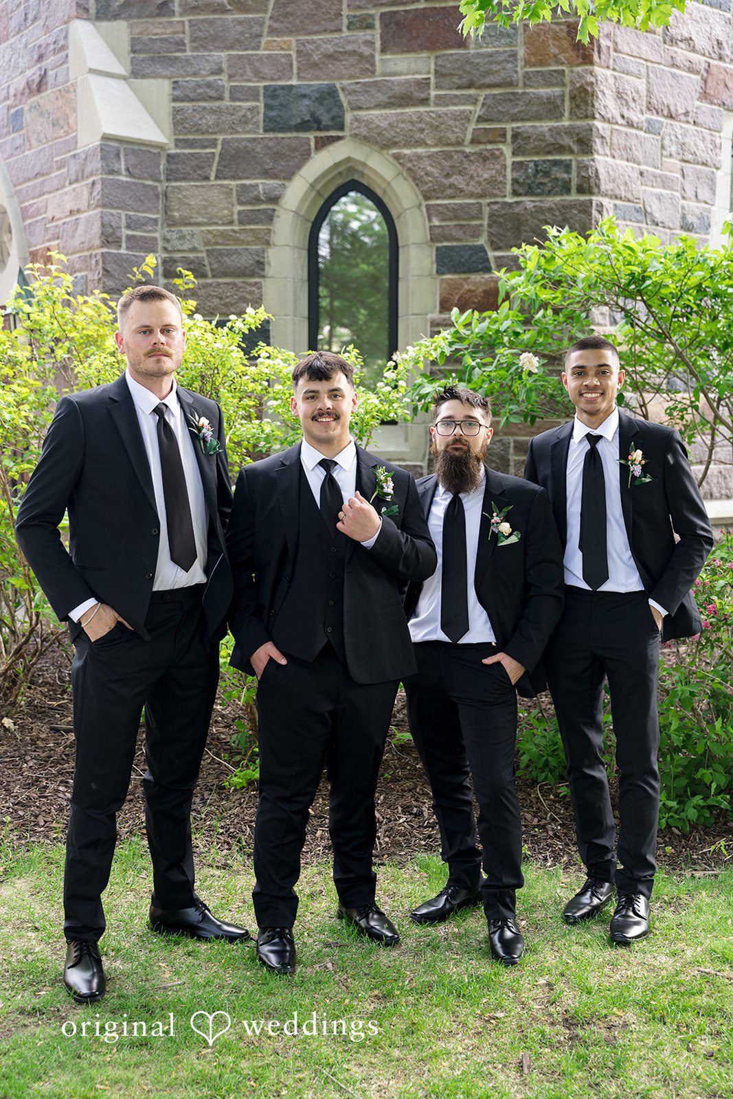 Kiarra + Anthony Elegant groom with groomsmen group photo at Nativity of Our Lord Catholic Church