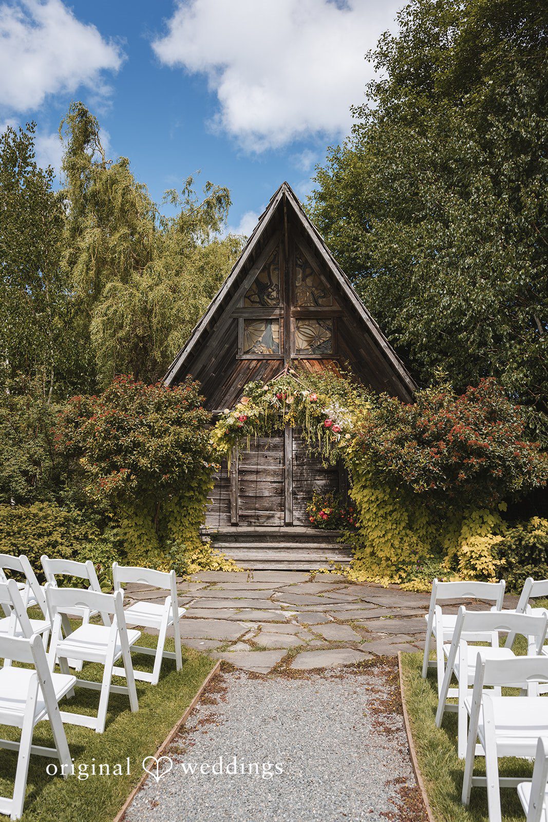 Benjamin + Amber Elegant set up of altar for wedding ceremony at Outlook Inn