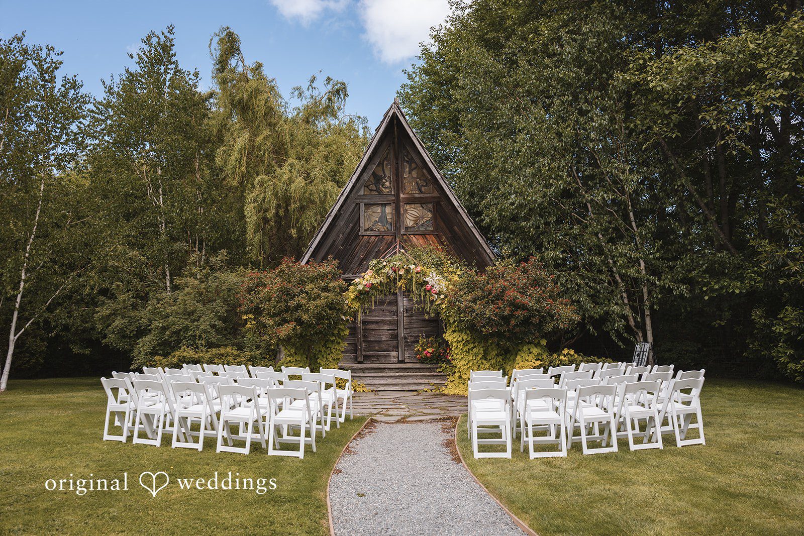 Benjamin + Amber Elegant set up of altar for wedding ceremony at Outlook Inn