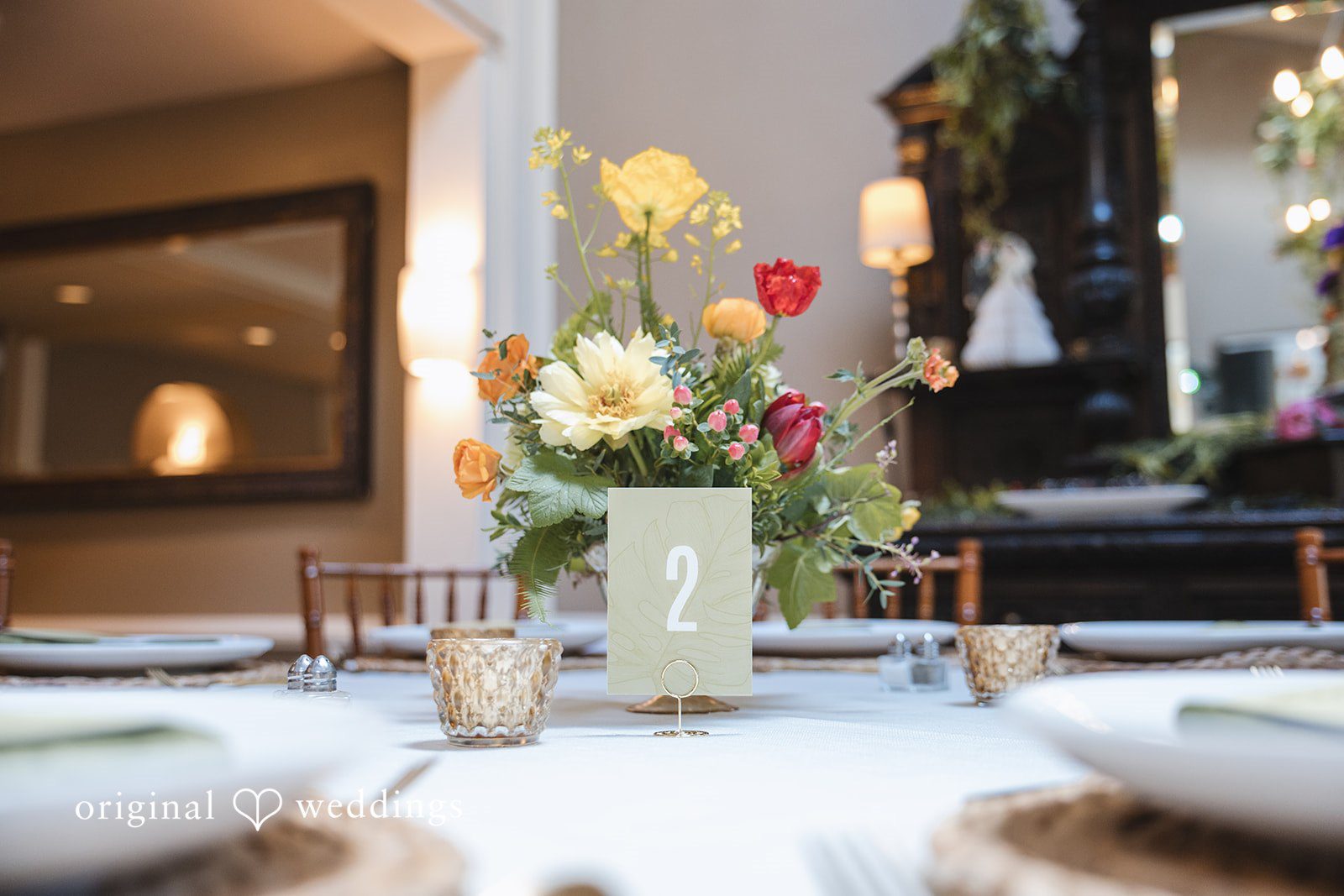 Benjamin + Amber Close up of minimal decoration of wedding tables at Outlook Inn