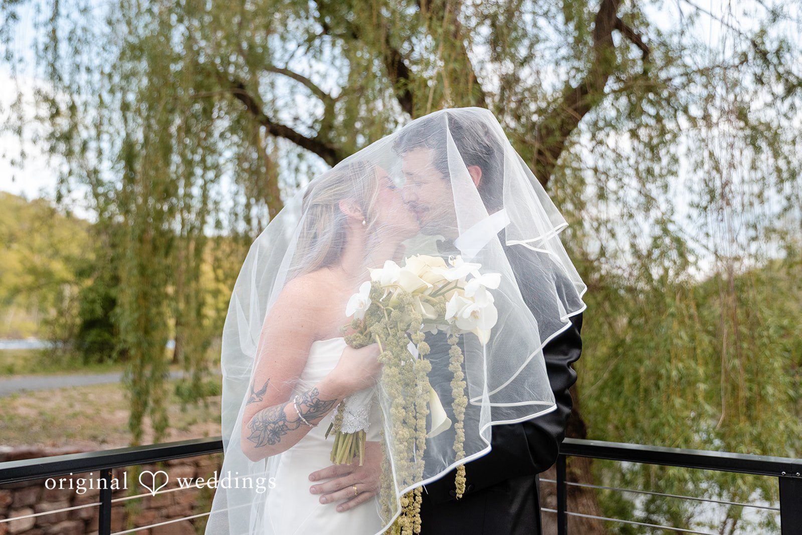 Bride and groom sharing a kiss beneath the bridal veil