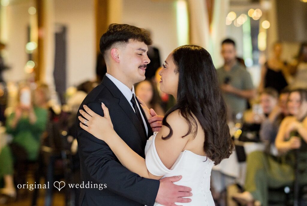 Kiarra + Anthony Romantic dance floor moments of couple at Solar Arts captured by Minneapolis Wedding Photographers from Original Weddings