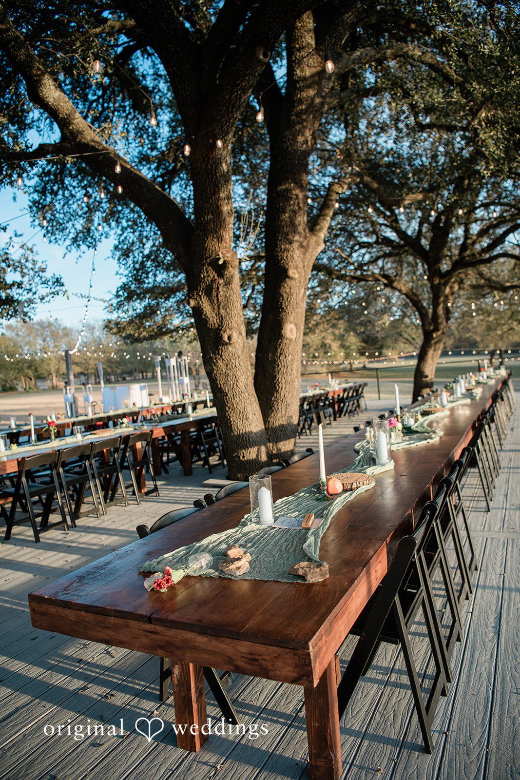 Brittney + Benjamin Long wooden banquet tables and chairs set up under a canopy of trees at Stonebridge Wedding & Event Venue.
