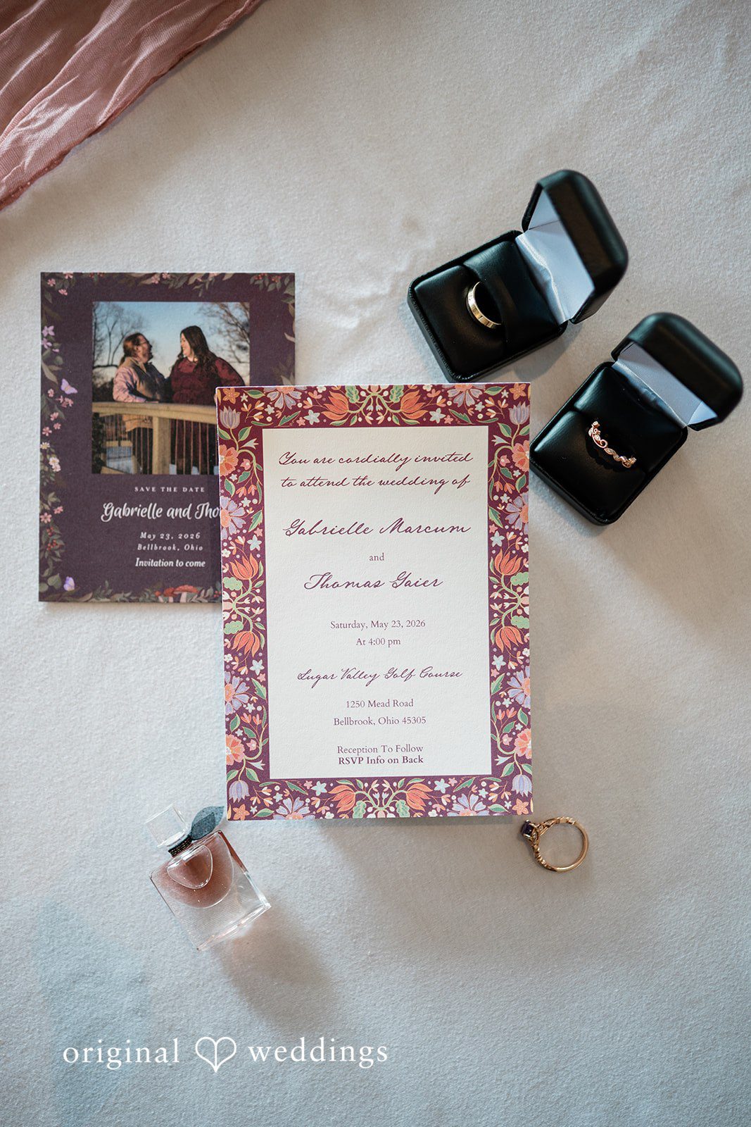 Wedding card details and wedding rings captured by Cincinnati wedding photographers