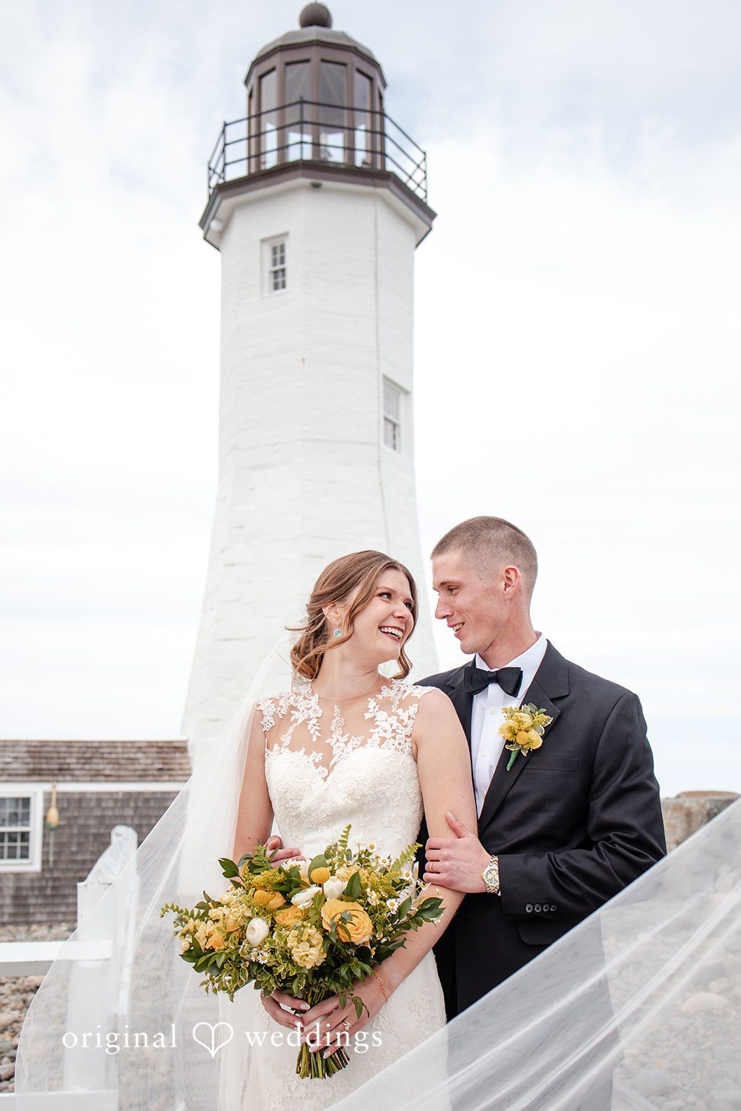 Alanna + Stan Bride and groom portrait near lighthouse at The Barker House by Wedgewood Weddings