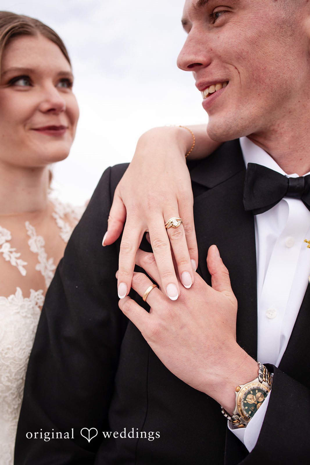 Alanna + Stan Romantic ring detail photo capturing bride and groom during wedding portraits.