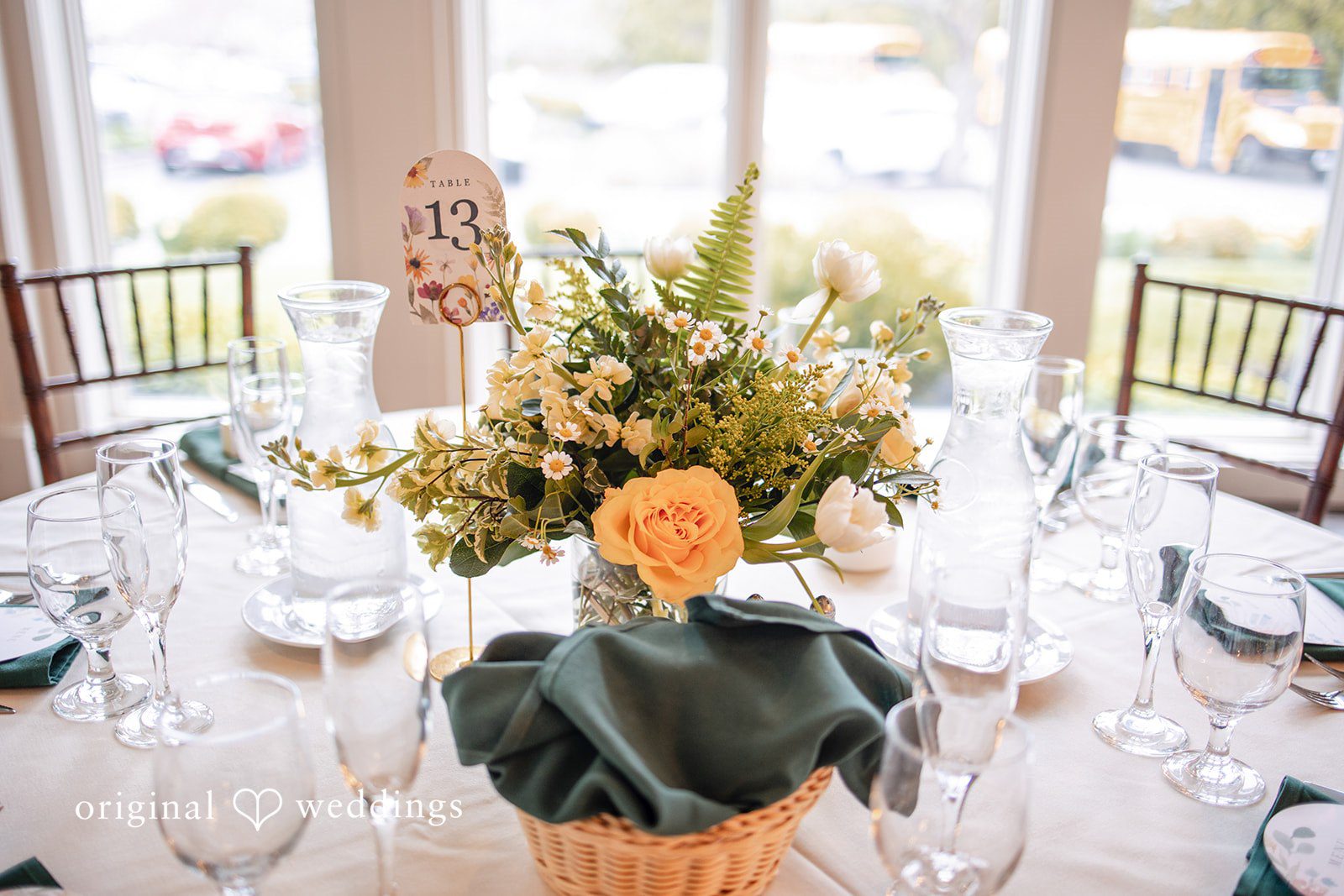 Alanna + Stan Beautiful wedding table styling with glassware and floral arrangement
