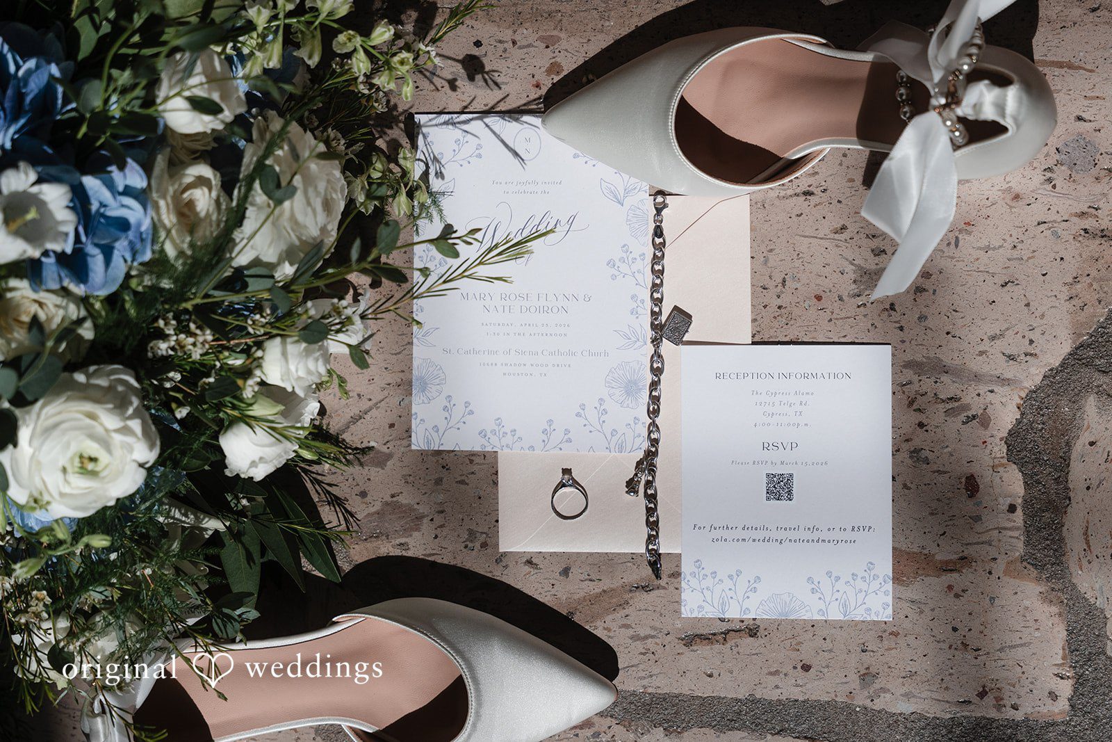 Mary Rose + Nate Close-up of wedding rings and handwritten wedding letters