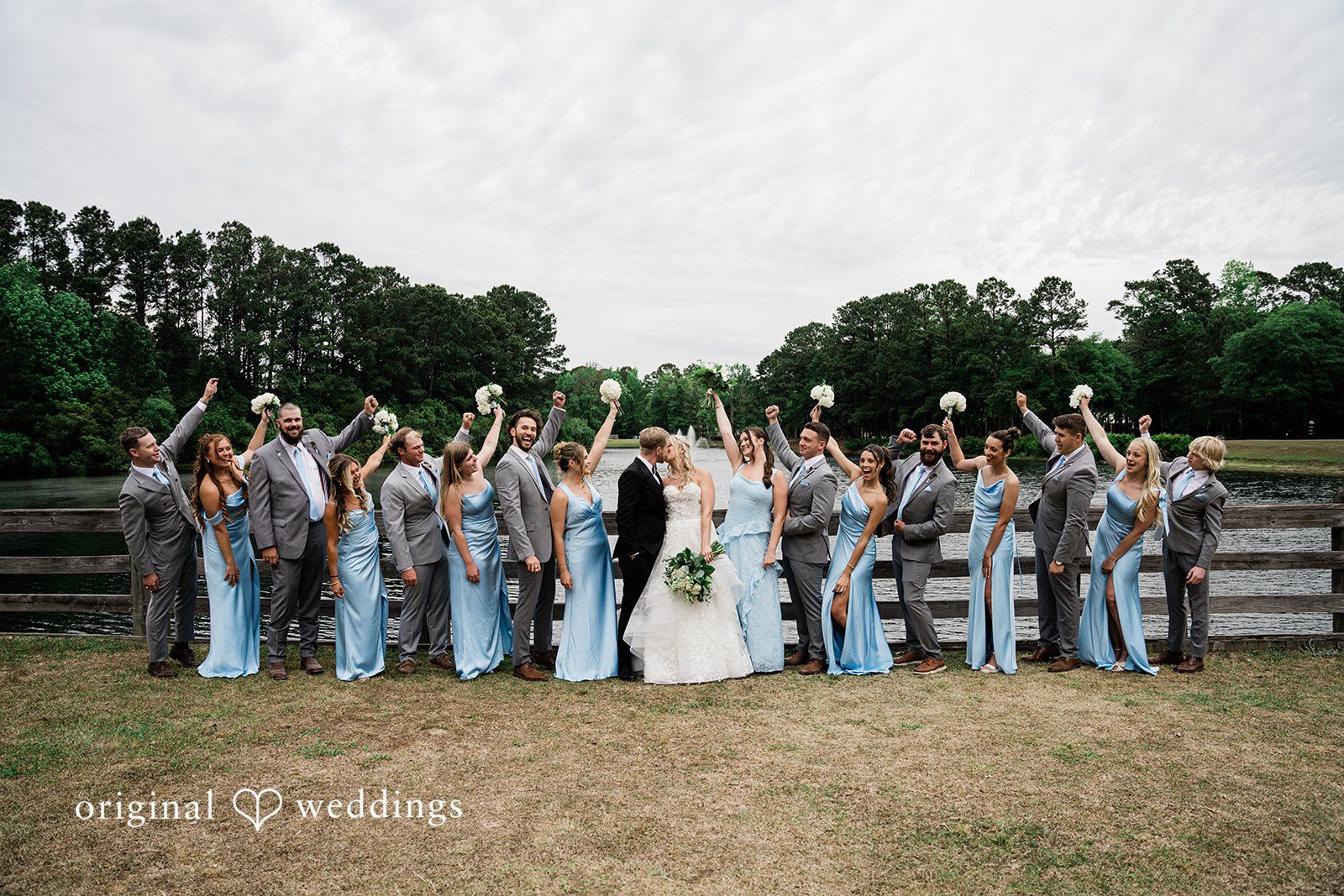 Madeline + John Wedding party portrait by the lake with bridesmaids and groomsmen