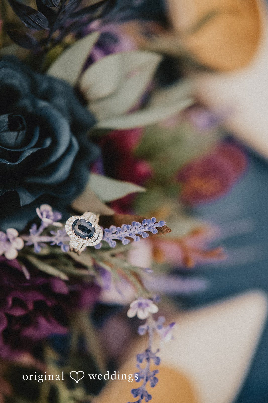 A stylish detail shot of the bouquet, ring, etc
