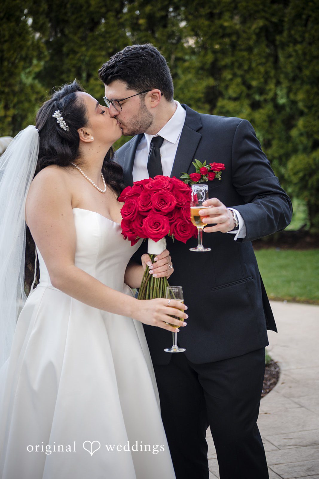 Newlywed Portrait with Red Roses at The Waterview captured by Hartford CT Wedding Photographers from Original Weddings