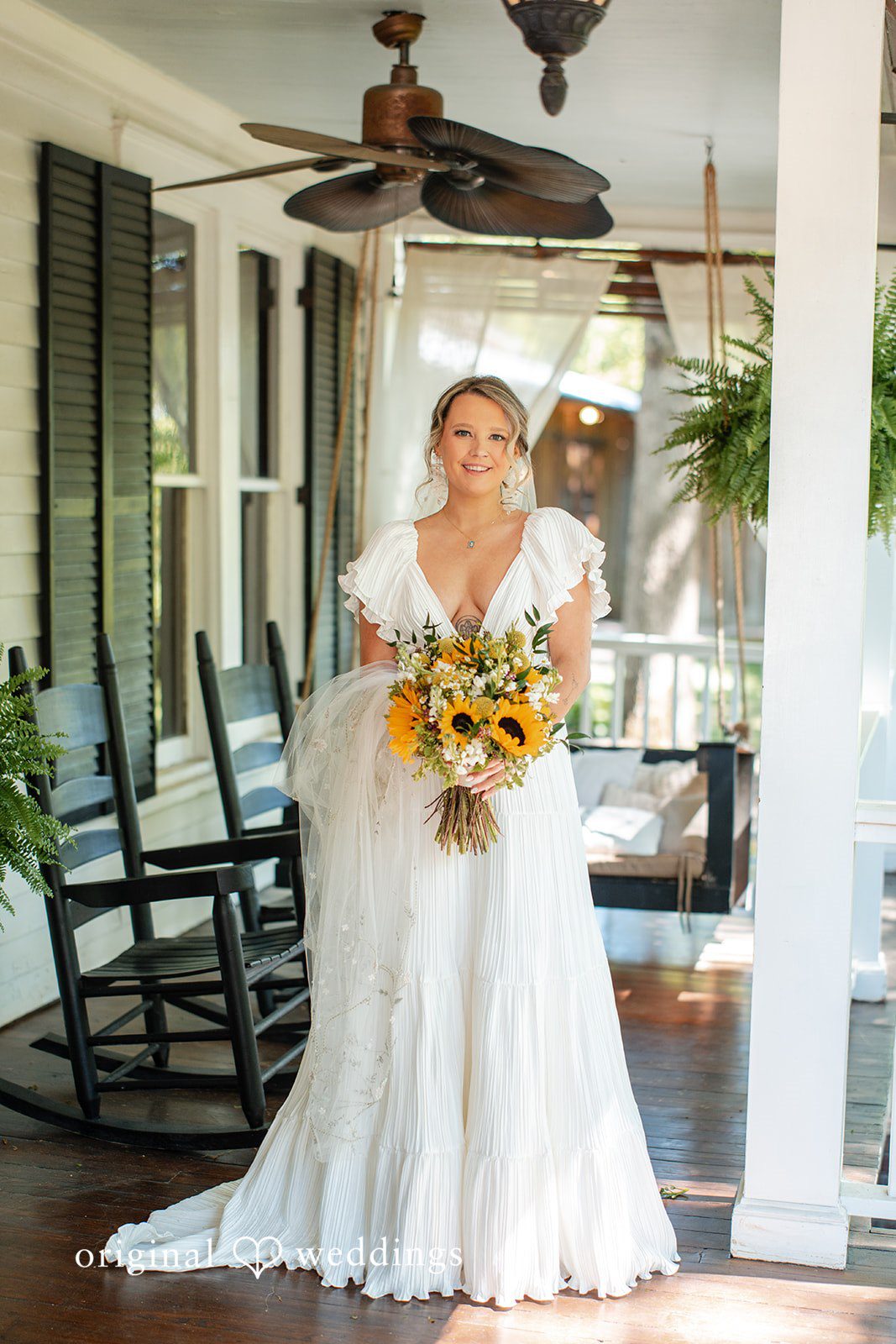 Elizabeth + Zodi Full-length bridal portrait with bouquet at The Wheeler House