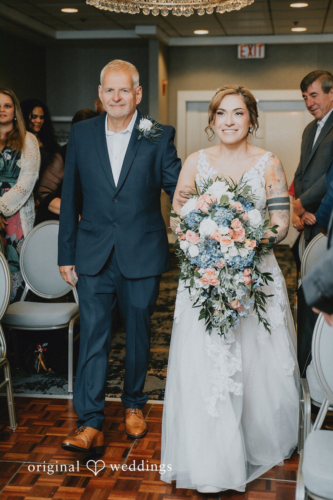 Taylor + David Bride walking to the ceremony with her father by her side