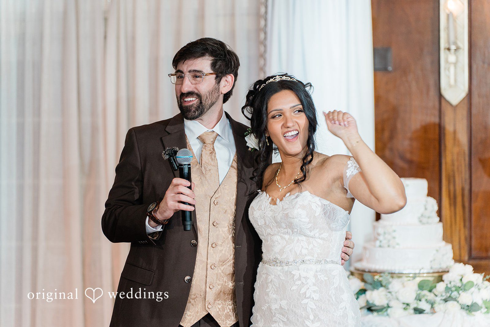 Sabrina + Jonathan Bride and groom sharing a speech at wedding reception.