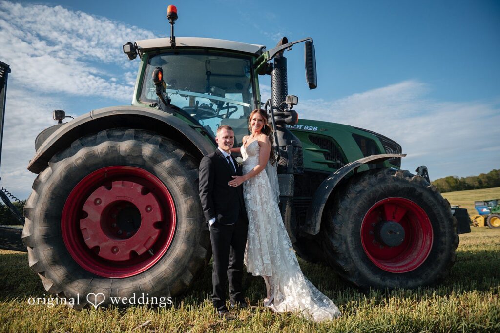 Lauren + Ron Our Cleveland wedding photographers at Original Weddings captured a stunning portrait of the couple beside the big truck at the White Rose Barn