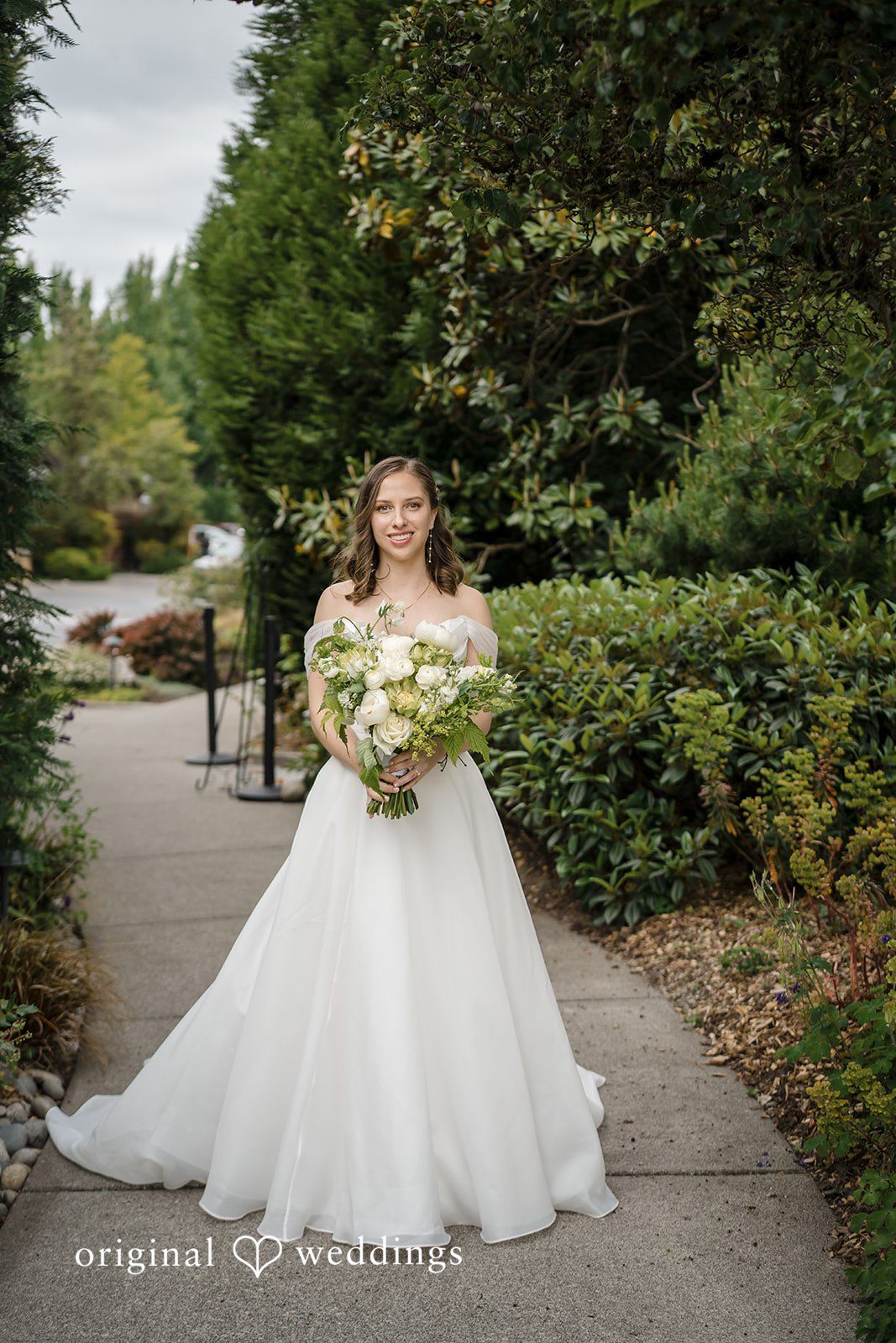 Lovely portrait of bride in her wedding gown at Willows Lodge
