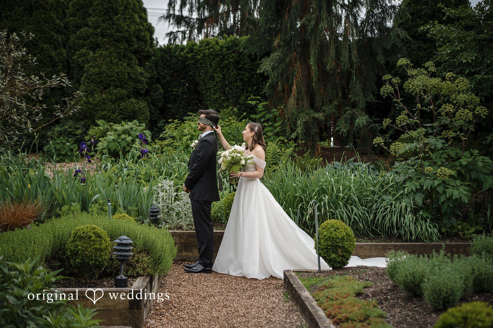 Romantic scene between the bride and groom
