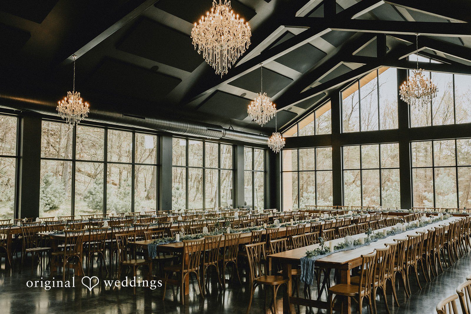 Ashlee + Colby Empty ceremony space prepared for the wedding celebration at Woods and Co