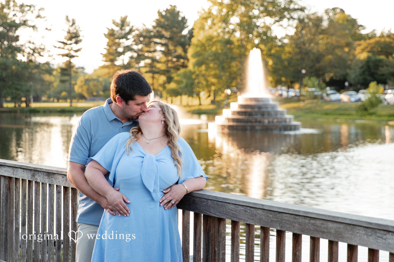 Miranda + Tyler Couple sharing a romantic kiss at Baker Park