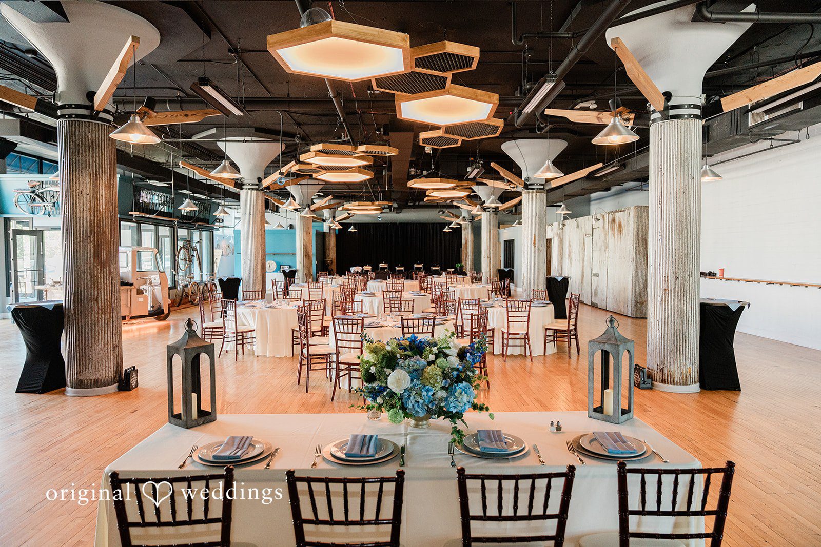 Rachel + Nick Close-up of tables and chairs arranged for the reception at Batch No. 154