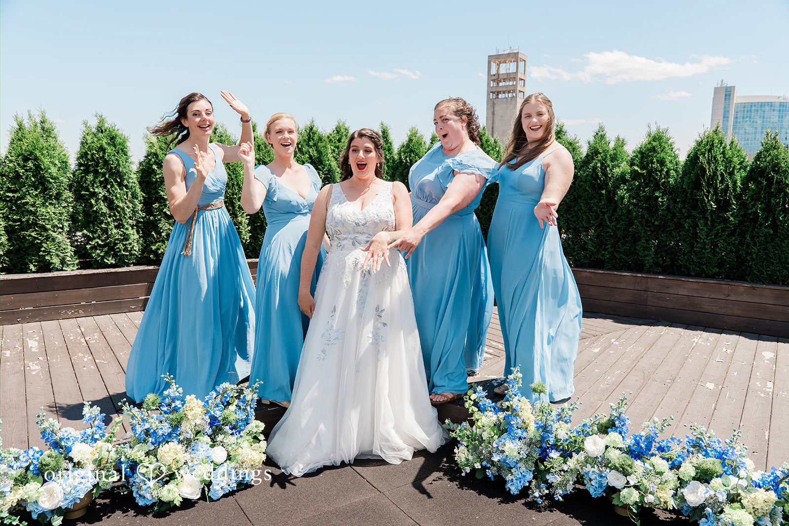 Rachel + Nick Bride posing with the bridesmaids before the ceremony at Batch No. 154