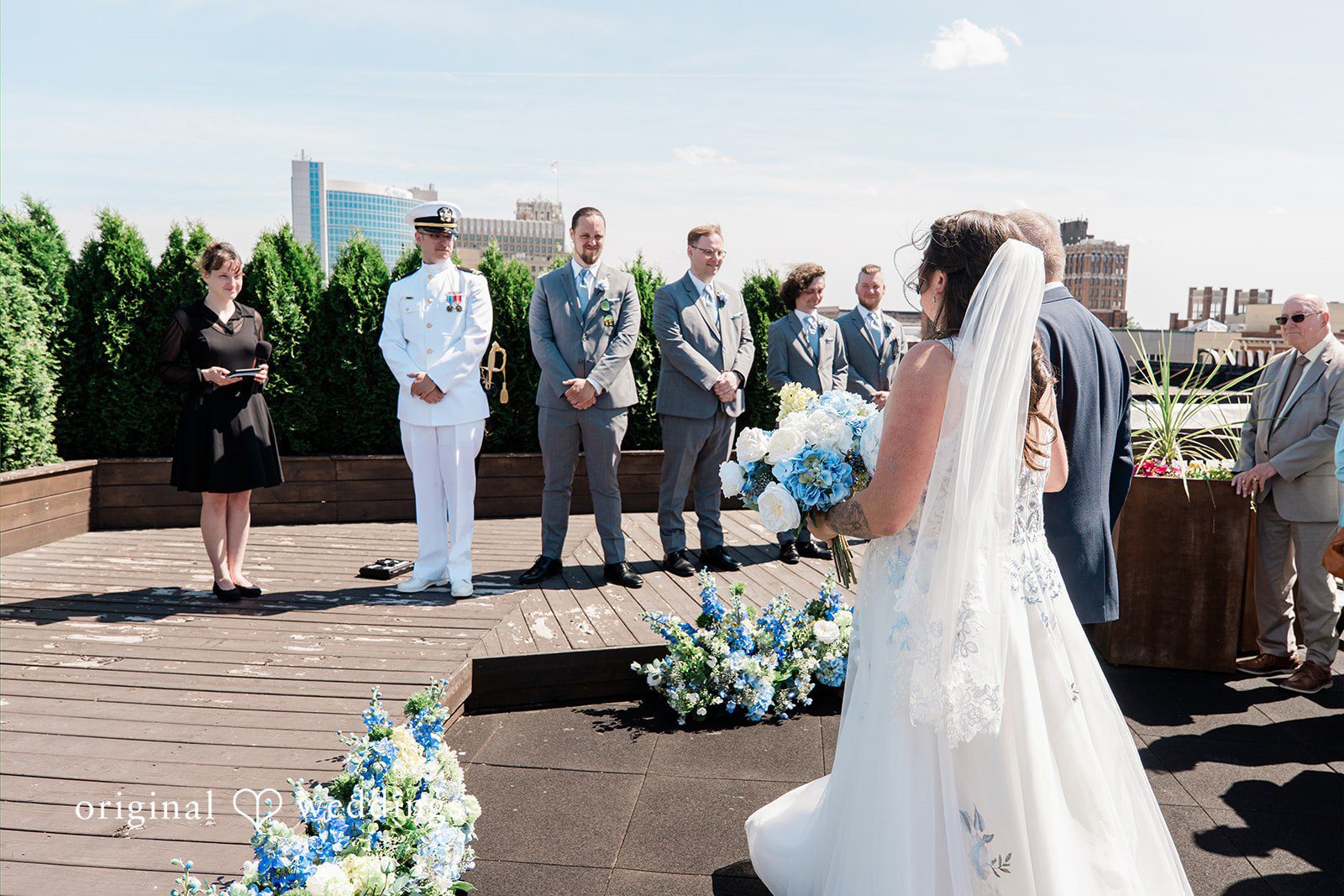 Rachel + Nick Groom looking at the bride walking down the aisle at Batch No. 154