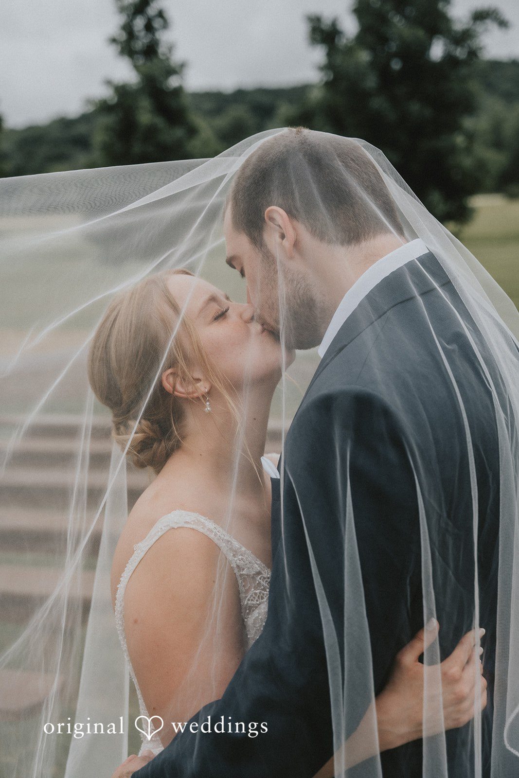 Neil + Hallie A close-up portrait of a bride and groom kissing beneath a flowing wedding veil.