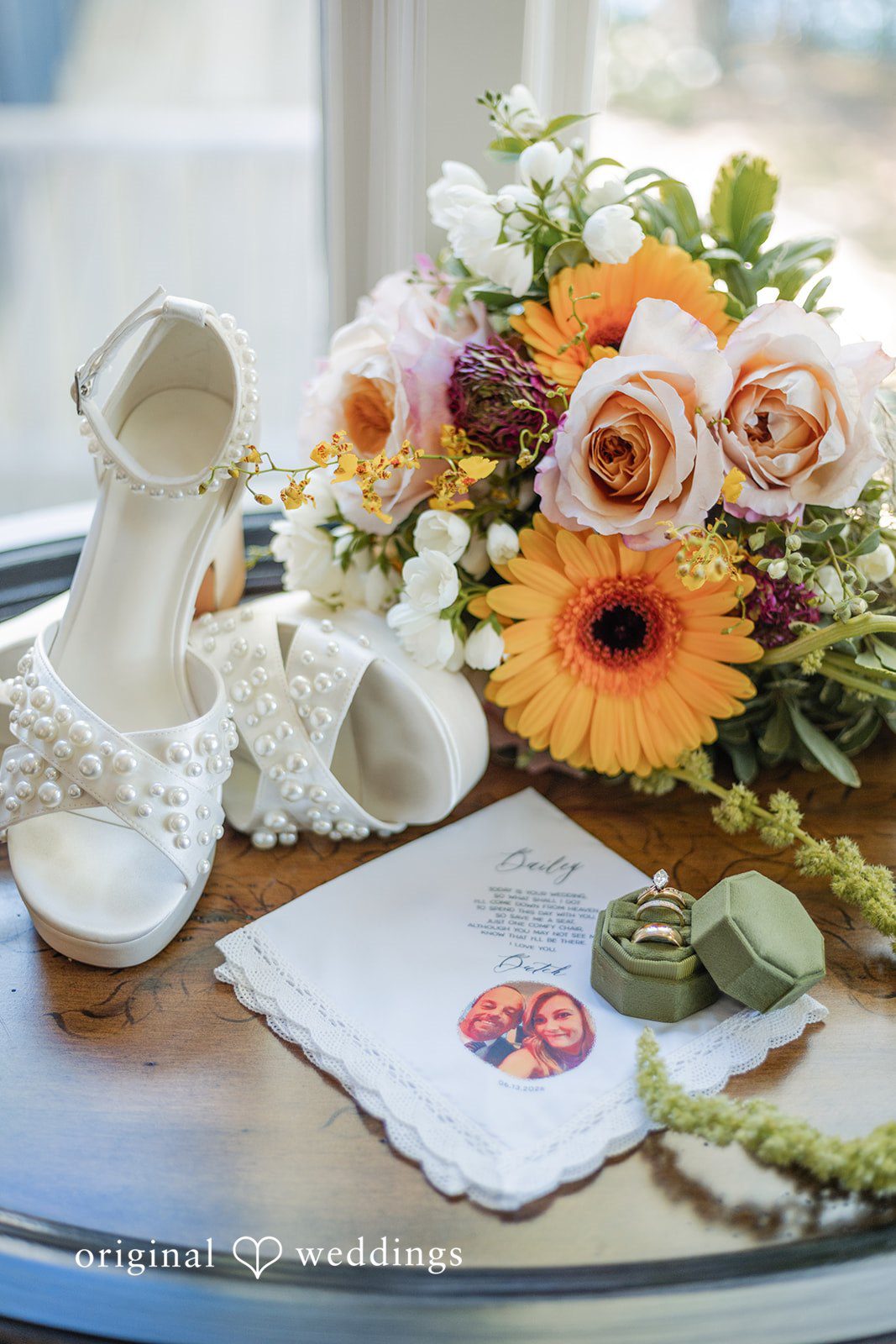 Trey + Bailey Bridal shoes bouquet rings and invitation at Blake's Backyard